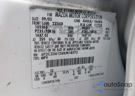 2004 Mazda Tribute Es V6 из США, поврежденный, VIN 4F2CZ06124KM18573